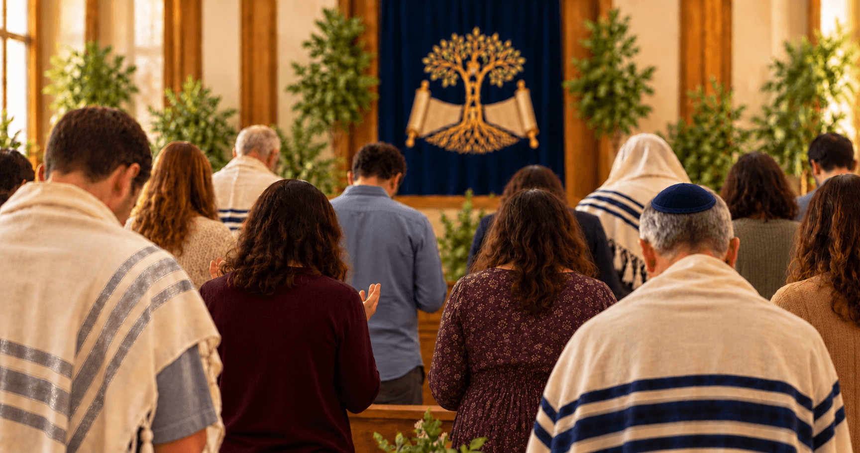 A congregation seen from behind, praying before the navy banner with our tree emblem, several men wearing prayer shawls