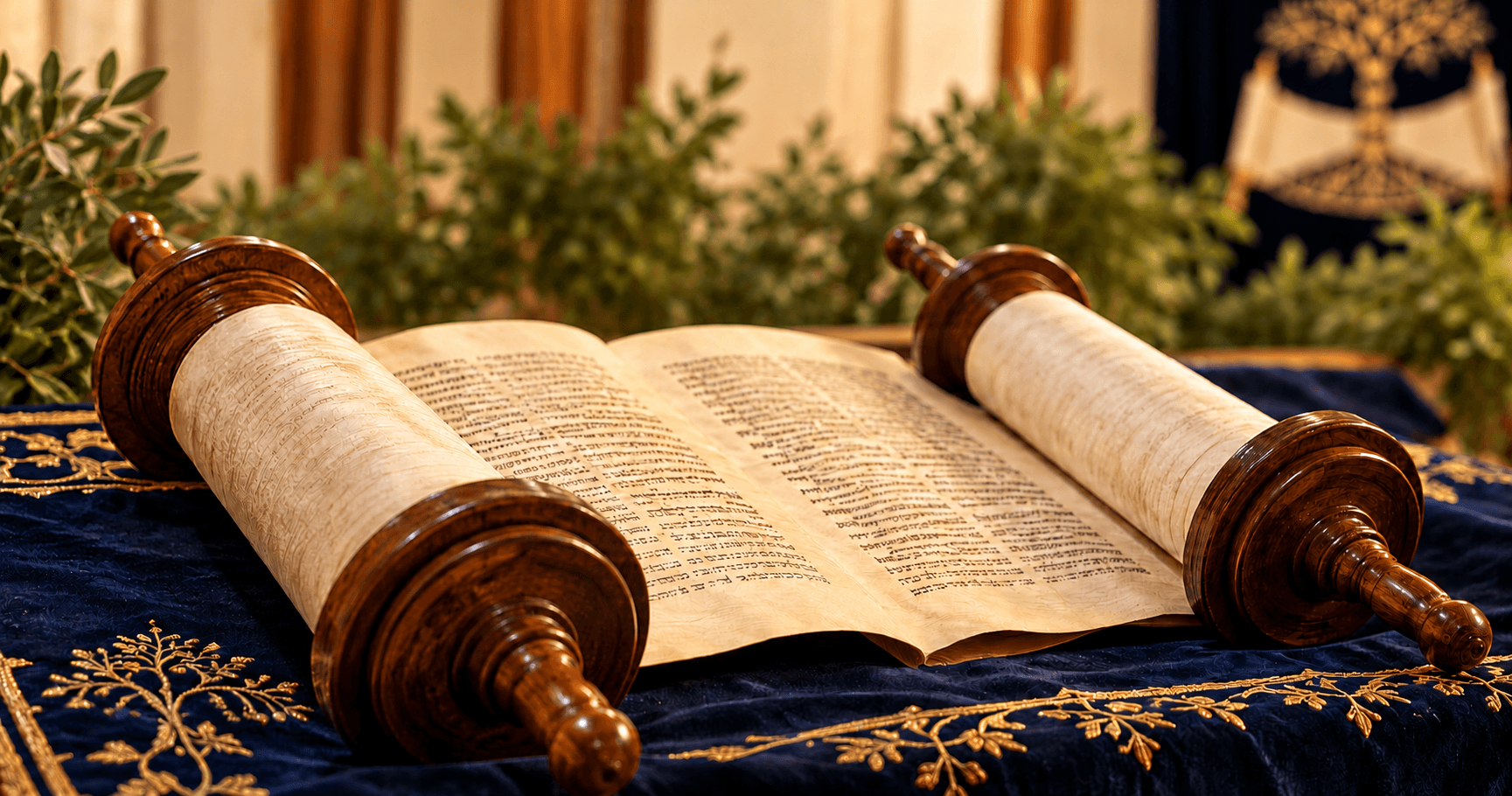 An open Torah scroll on an embroidered navy cover, with greenery and the ark behind it
